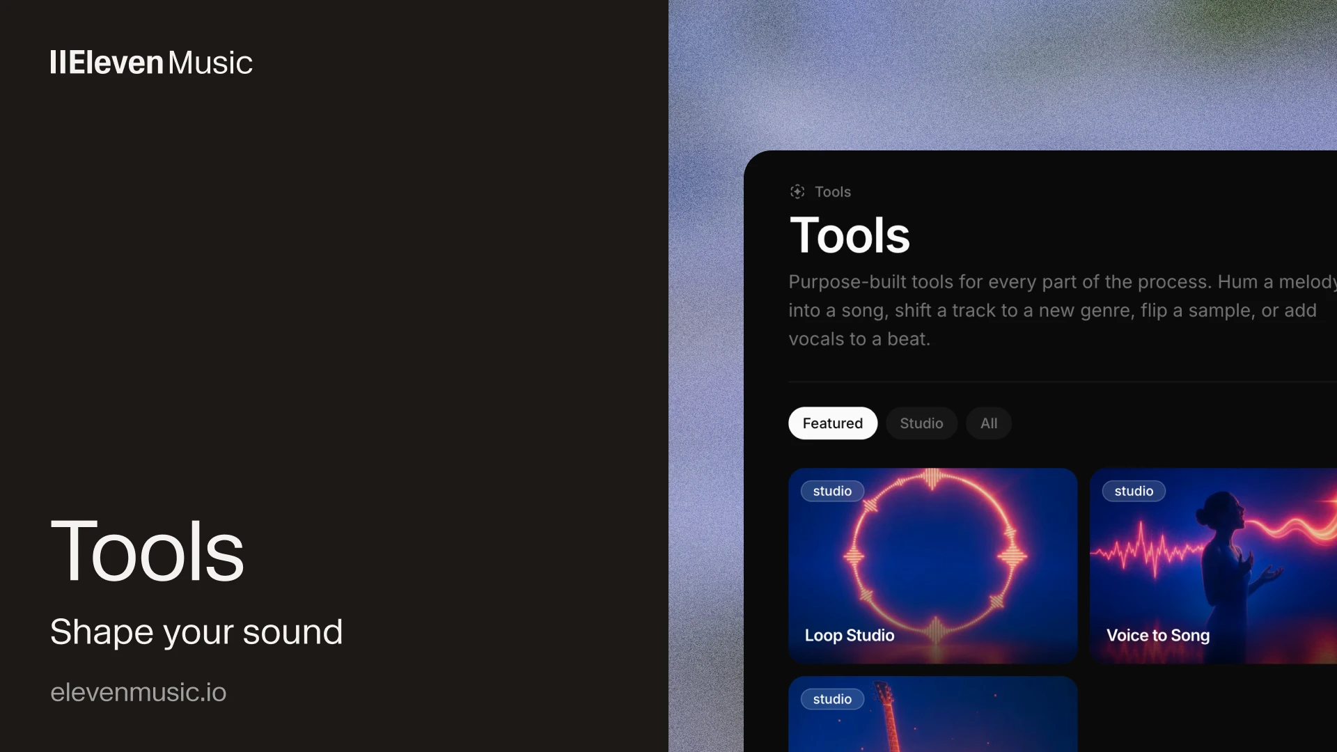 ElevenMusic Tools interface visual for Voice to Song Loop Studio Genreshift and Unplugged AI music workflows
